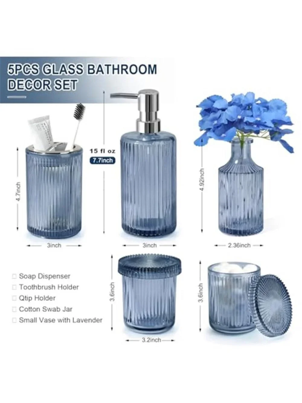 Blue Bathroom Accessories 5 Pcs, Glass Bathroom Accessory Set, Vintage Blue